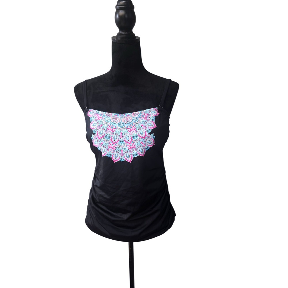 Coastal Cove Women Black Mandala Print Ruched Tankini Swim‎ Top Size 14
